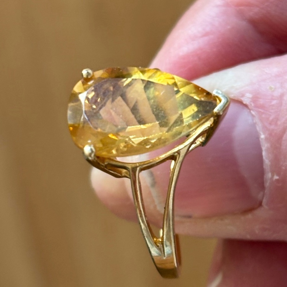 SALE WEEKEND Citrine Ring Solid Gold 5.14 Carat Stunning Pear Solitaire. Sz 9